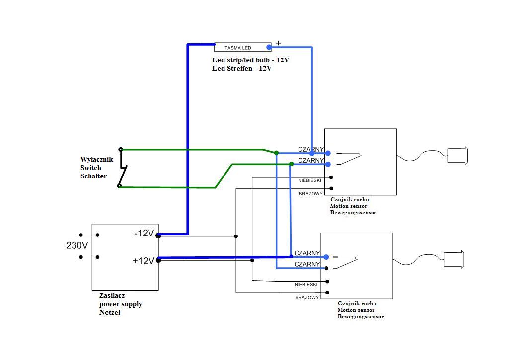 Układ włącz/wyłącz z zastosowaniem taśmy led/żarówki led 12V oraz z dołączonym dodatkowych przyciskiem umożliwiającym zapalenie wszystkich punktów świetlnych jednocześnie z pominięciem czujników - po rozłączeniu system wraca do trybu automatu